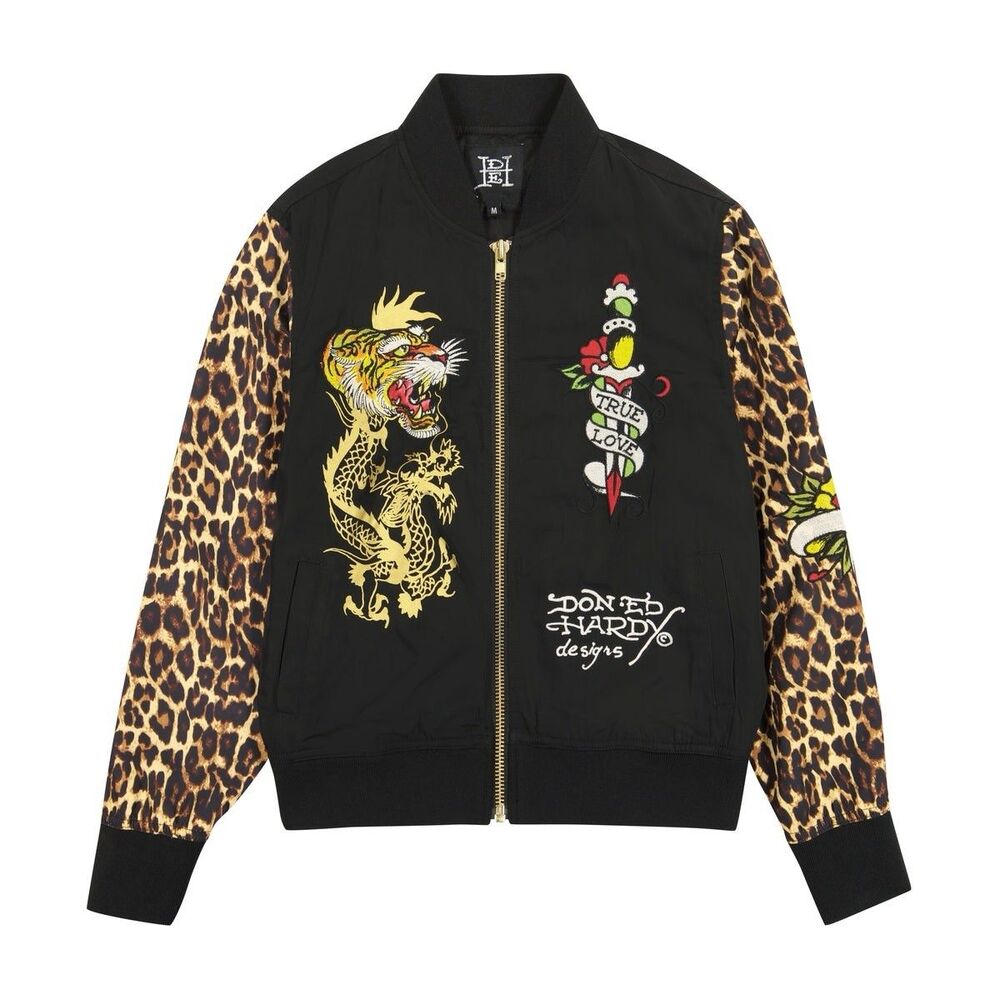 NWT Ed Hardy Y2K Bomber Jacket Tiger Dagger Souvenir Leopard Sleeves Size M New